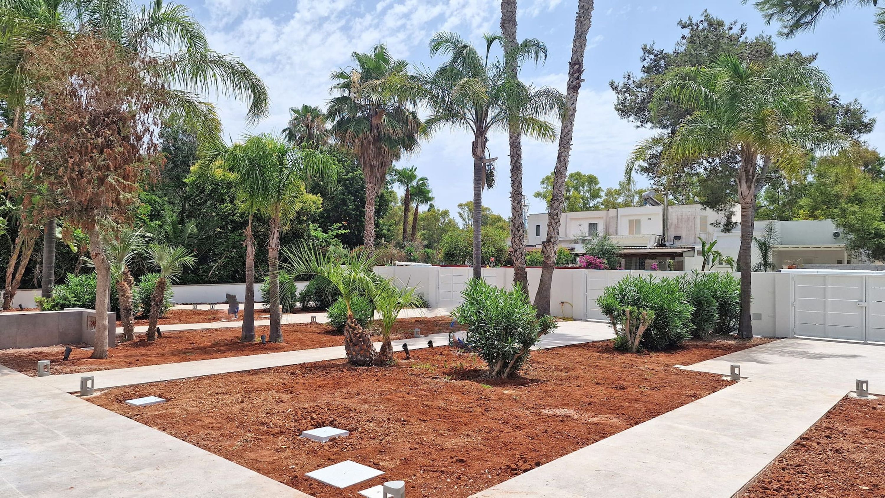 A landscaped garden with palm trees, a concrete pathway, and a building in the background.