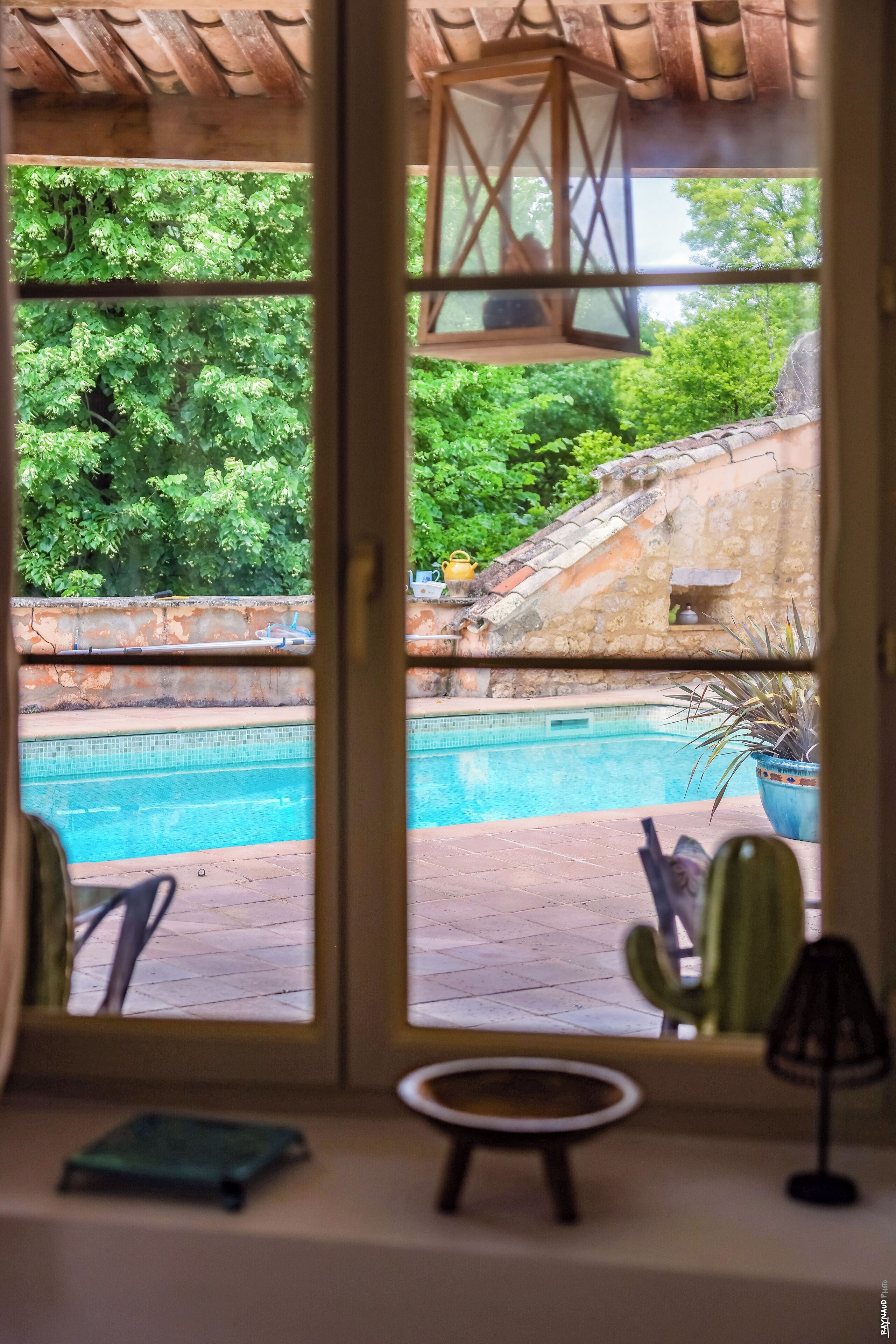 Vista desde una habitación con ventana que da a una piscina, un cactus y un muro de piedra.