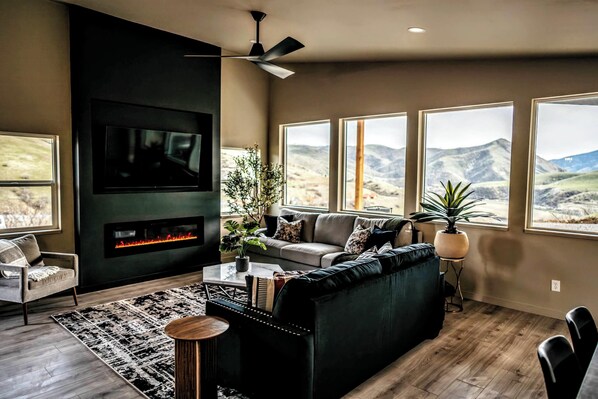 Smart TV, fireplace, books