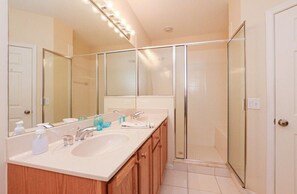 Shower, hair dryer, towels