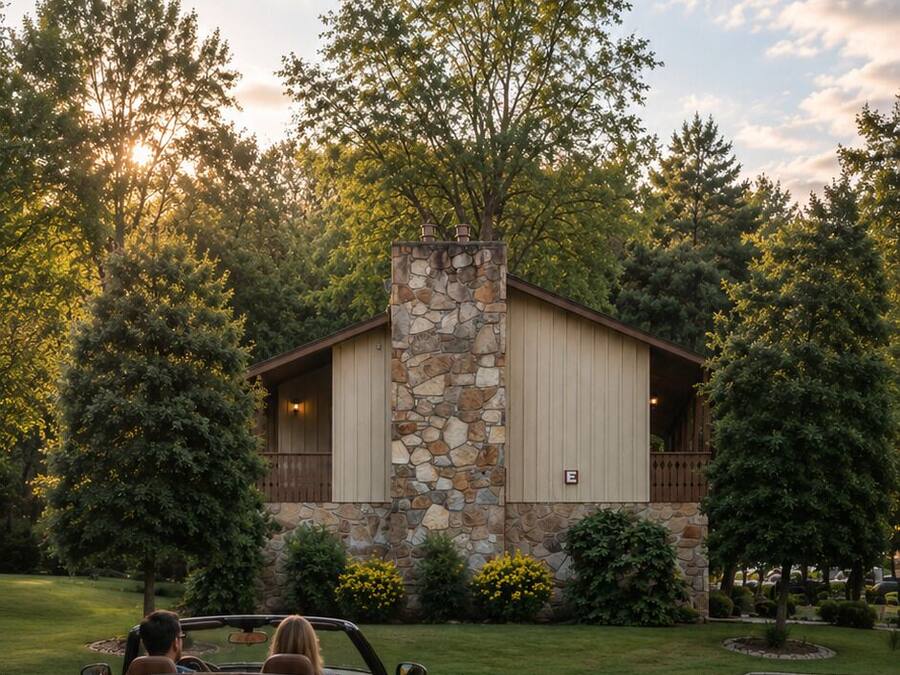 Ein Steinhaus mit Garage, ein Mietwagen davor und ein gepflegter Rasen.