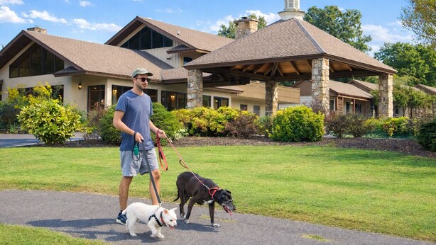 A man walking two dogs on a paved path in front of a large, stone building with a prominent tower. - The Parkman - Great Smoky Mountains (Townsend)