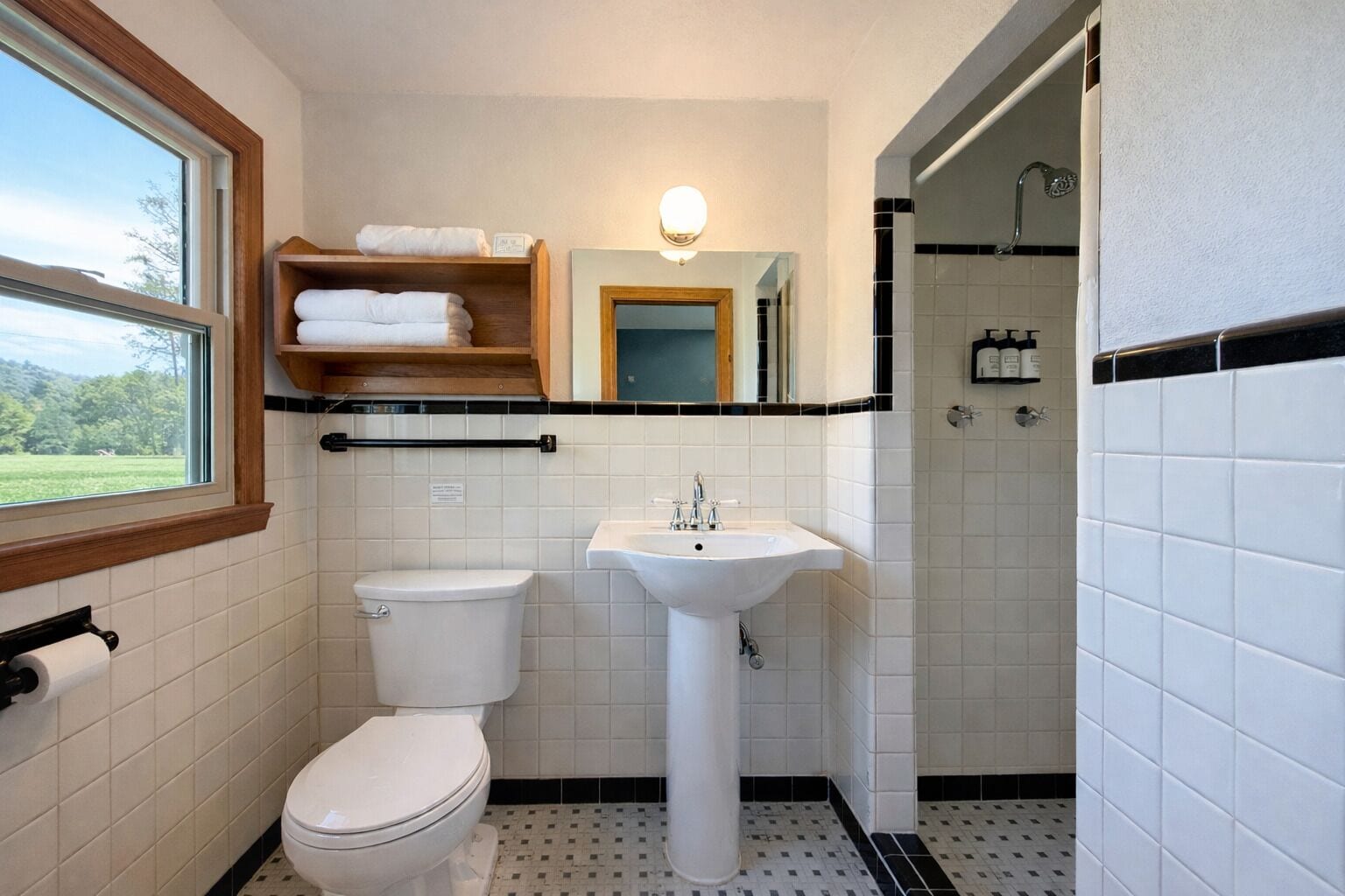 Une salle de bain équipée de toilettes, d’un lavabo et d’une douche. Une fenêtre offre une vue sur la verdure environnante.