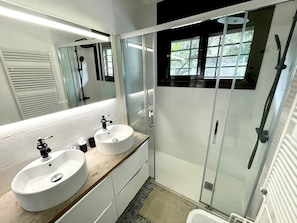 Shower, hair dryer, bidet, towels