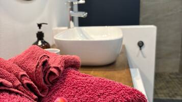 Shower, hair dryer, towels, toilet paper