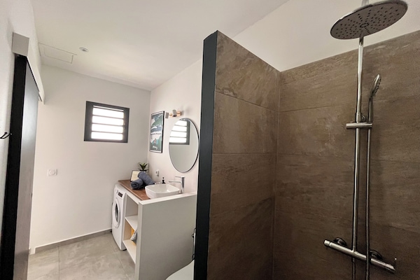 Shower, hair dryer, towels, toilet paper