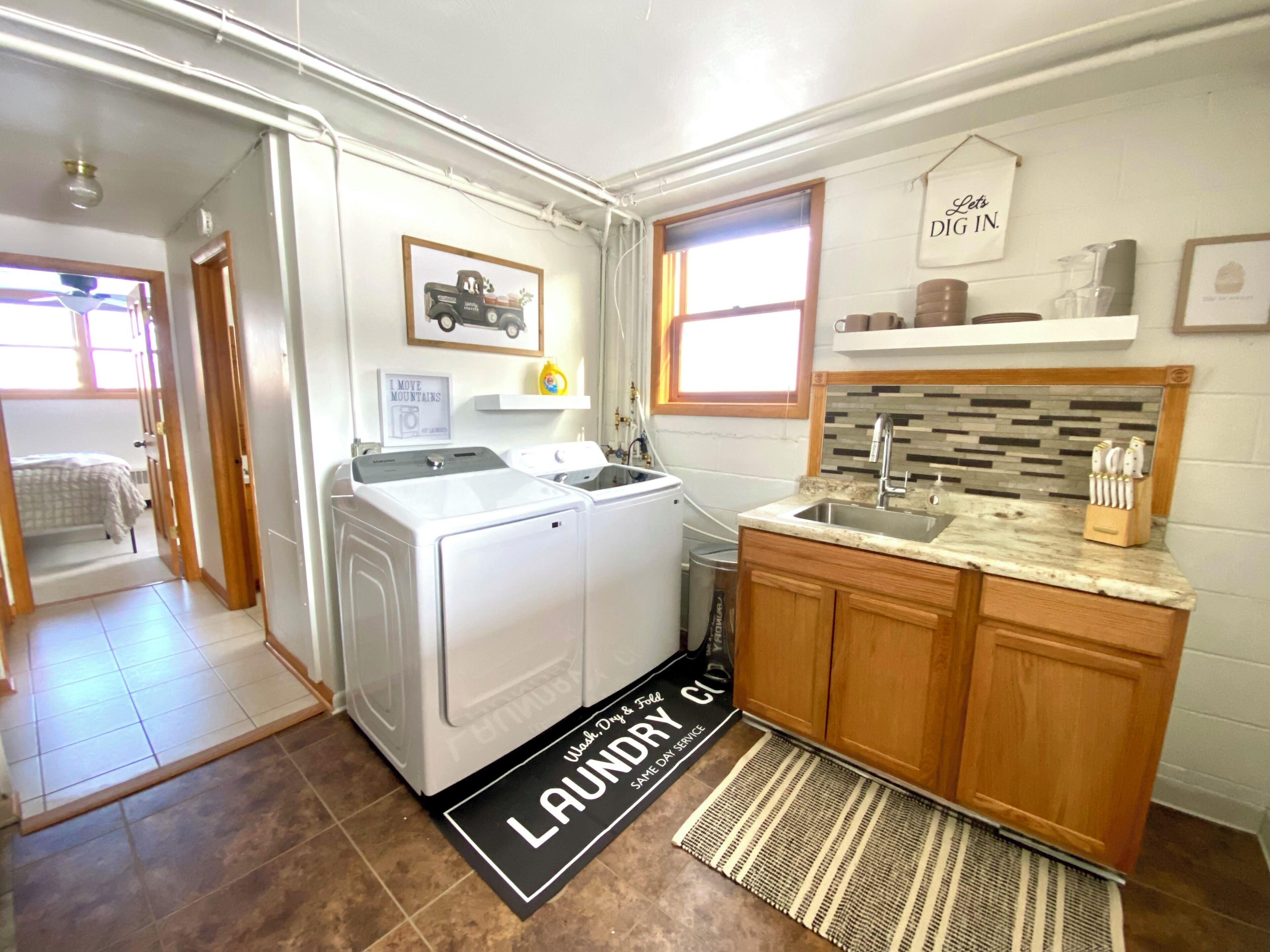 Hair dryer, towels, soap, toilet paper