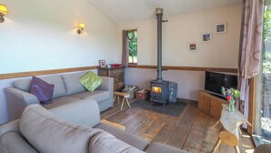 A cozy living room with a sofa, a wooden floor, a fireplace, and a television.