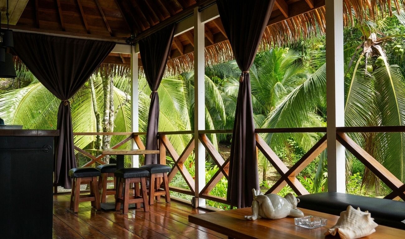 A room with a wooden floor, a table with chairs, a bench, and a view of lush greenery outside.