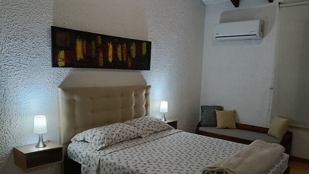Une chambre à coucher avec un lit, deux lampes de chevet, un canapé, un climatiseur et un tableau accroché au mur.
