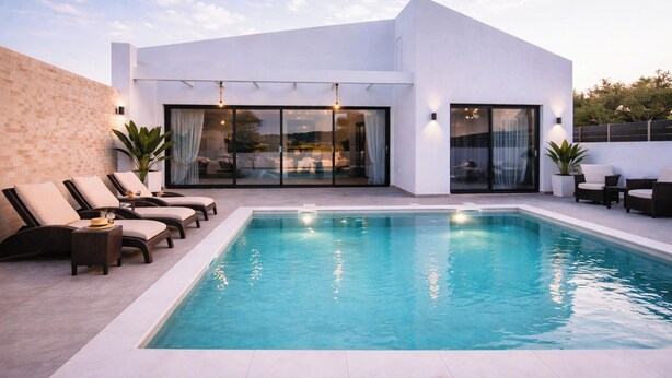 Ein moderner Poolbereich mit rechteckigem Pool, Liegestühlen und einer patioartigen Glasveranda.