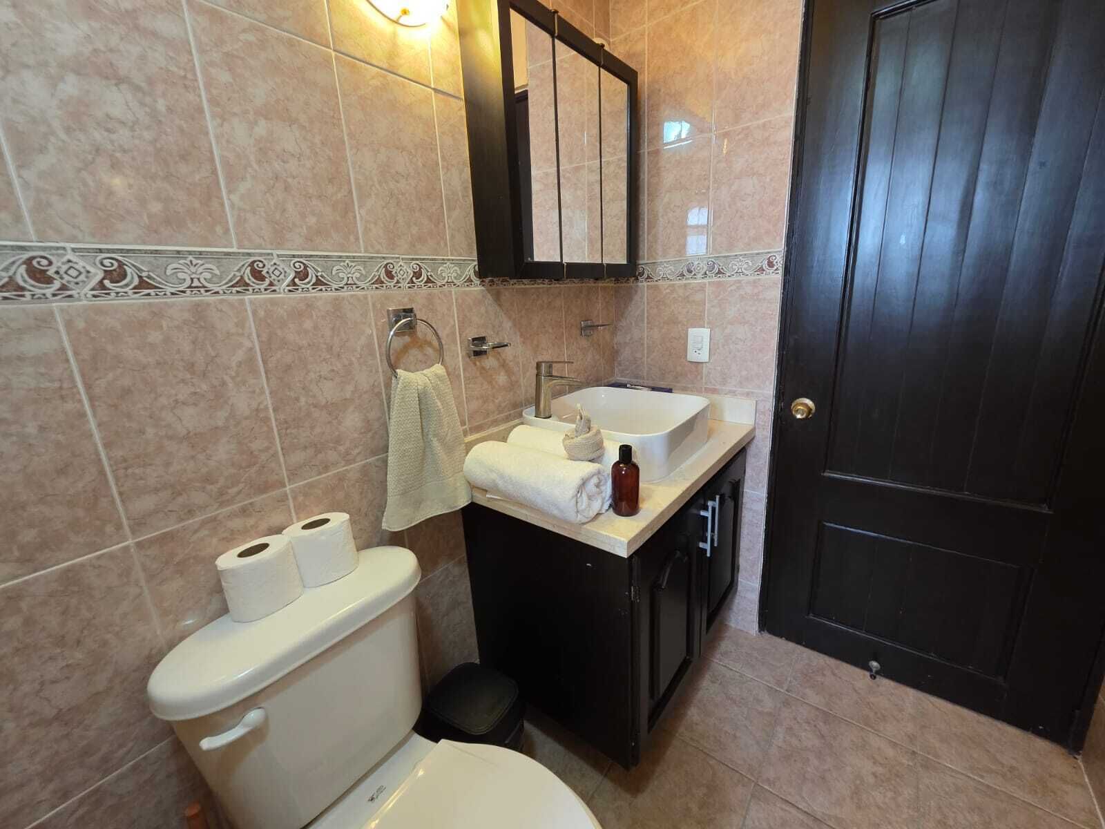 Une salle de bain équipée de toilettes, d’un lavabo et d’un miroir.