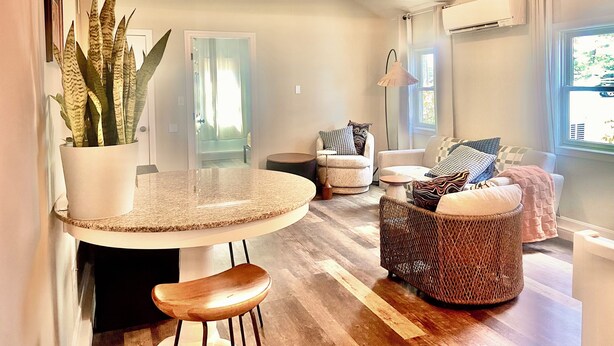 A modern living room with a round table, two sofas, a wicker ottoman, and a potted plant. - Cottage on the Lake with AC, WiFi, parking - Long term rental, pets OK (Merrimac)