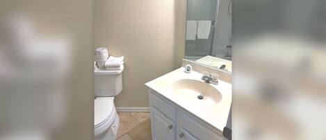 A bathroom with a toilet, a sink, and a mirror.