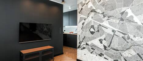 Appartement Confort, vue ville | Salle de séjour | TV connectée de 50 pouces avec chaßnes par cùble, Netflix