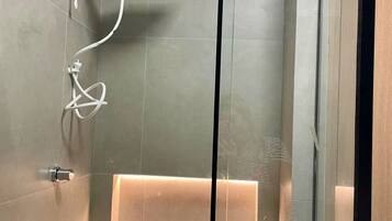 Shower, hair dryer, bidet, towels