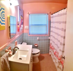 Hair dryer, towels, soap, shampoo