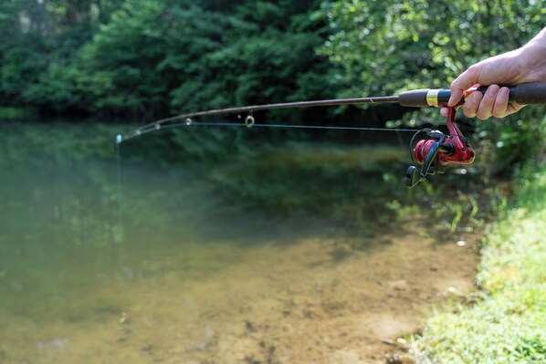 A hand holding a fishing rod over a body of water.