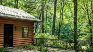 Une cabane en rondins surmontée d’un toit en métal, entourée d’une forêt.