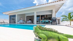 A modern resort with a swimming pool, outdoor seating, and a large iguana statue.