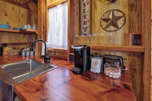 Cabin, 1 King Bed, Hot Tub, Mountain View (240 Melton Rd) | Private kitchen | Coffee/tea maker - Texas Sawmill Cabin W/hot-tub, Pet-friendly, Minutes to Downtown! (Fredericksburg)