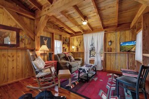 Cabin, 1 King Bed, Hot Tub, Mountain View (240 Melton Rd) | Living area - Texas Sawmill Cabin W/hot-tub, Pet-friendly, Minutes to Downtown! (Fredericksburg)