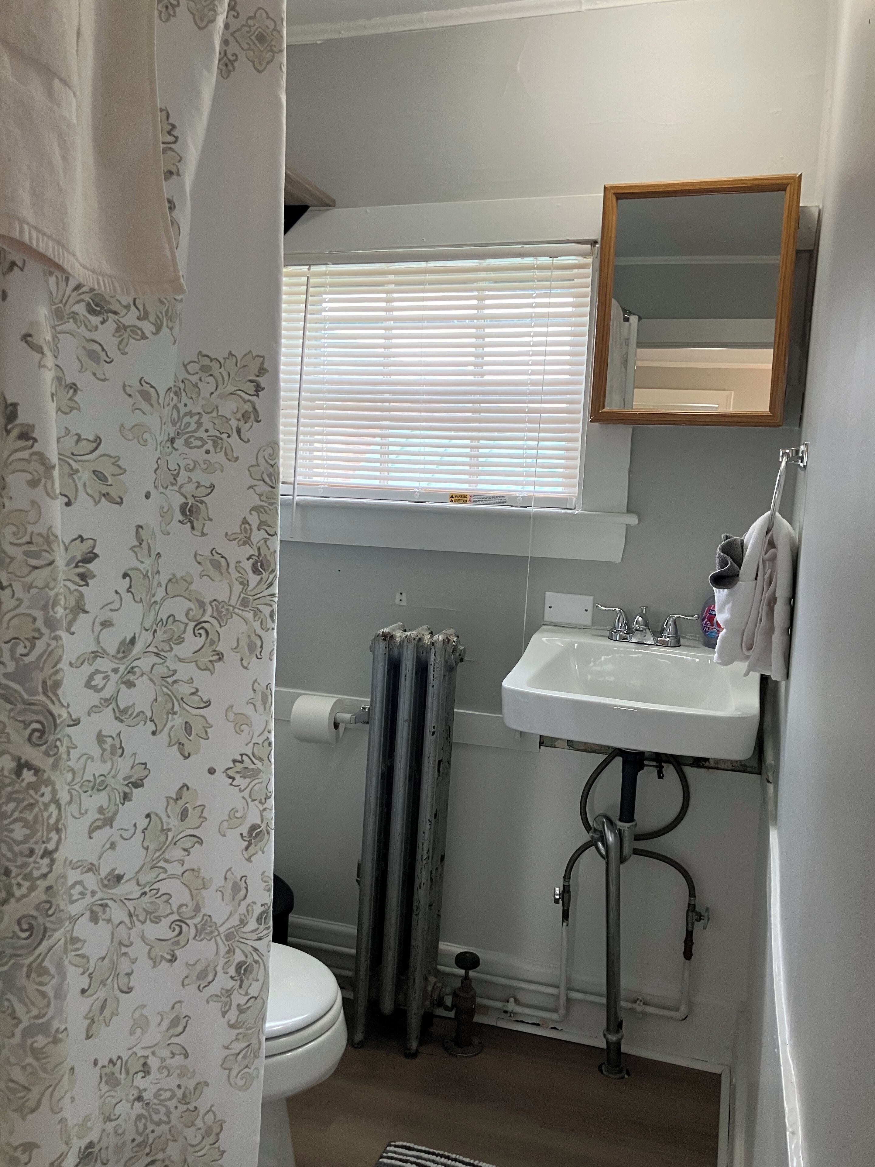 Une salle de bain comprenant des toilettes, un lavabo, un miroir, un radiateur et une fenêtre avec des stores.