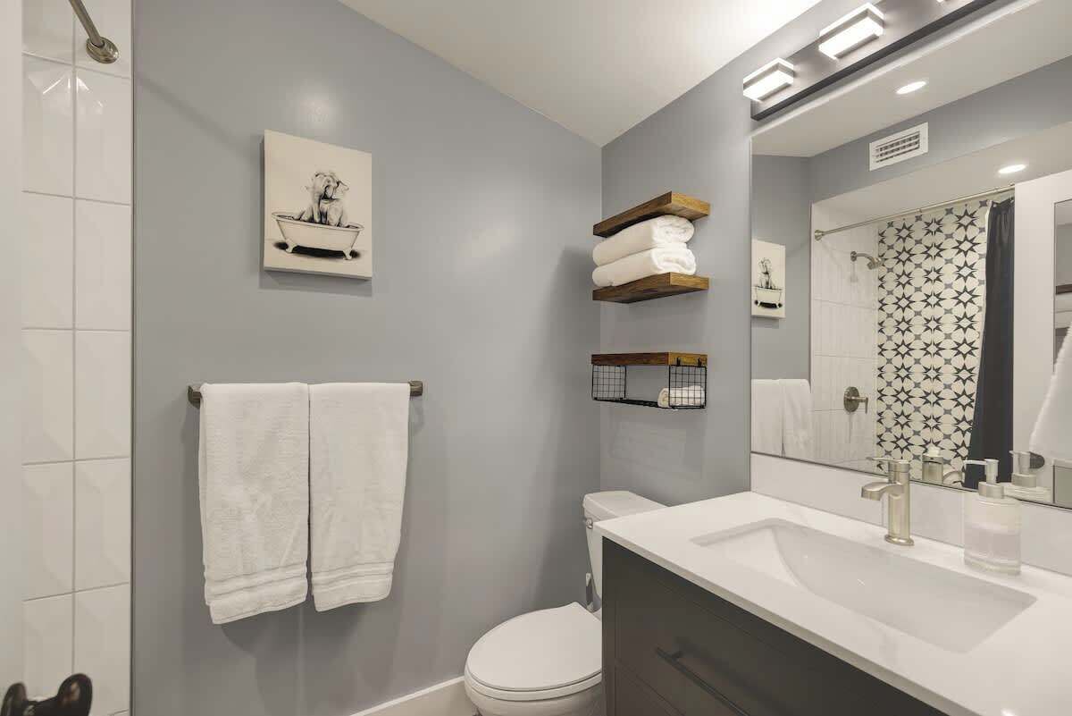 A modern bathroom with a grey wall, a white sink, and a toilet. There are two towels hanging on a towel rack, and a framed picture of a dog in a bathtub is on the wall.