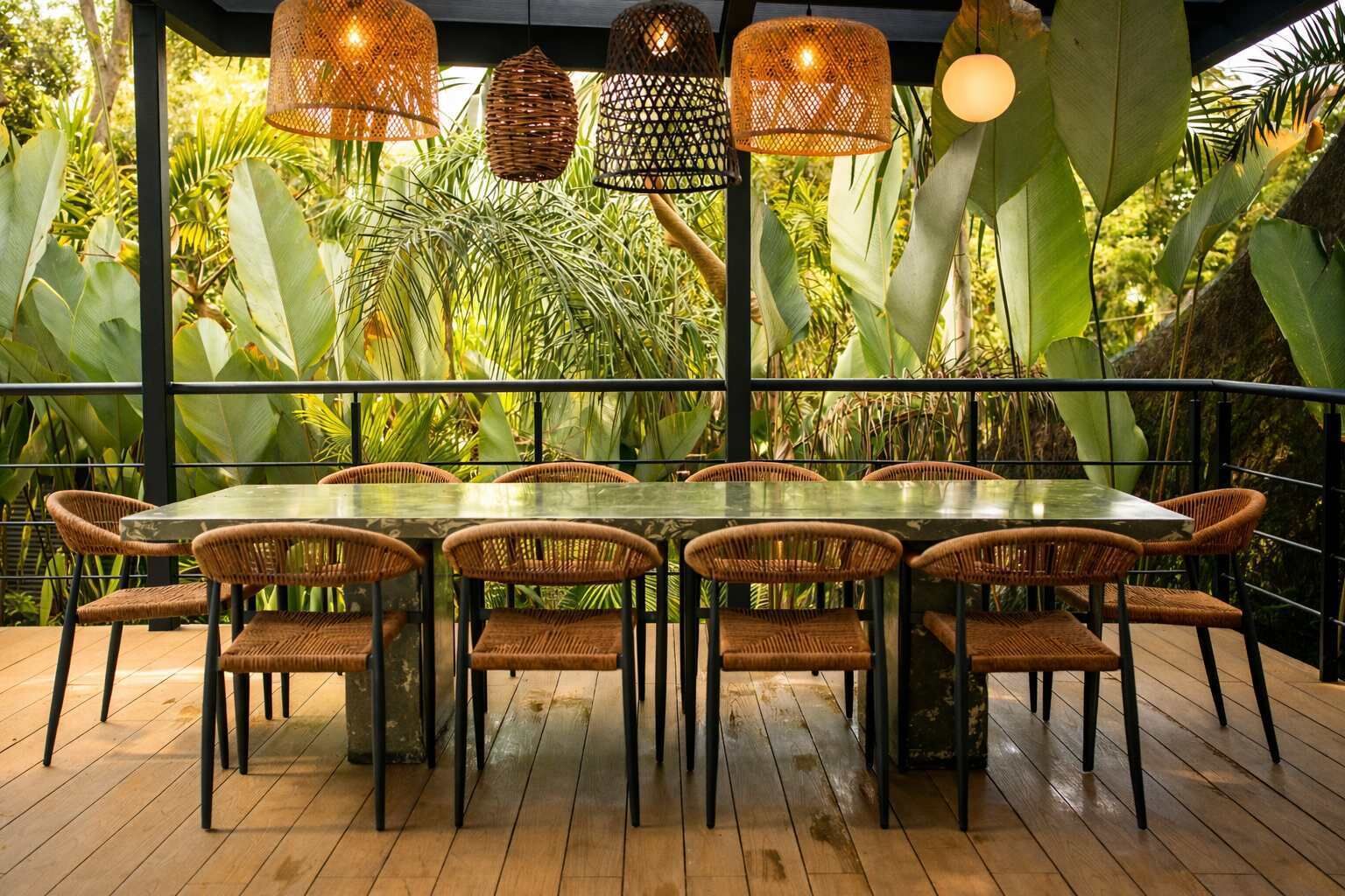 A dining area with a glass table surrounded by wicker chairs, set against a backdrop of lush tropical plants and hanging wicker lamps.