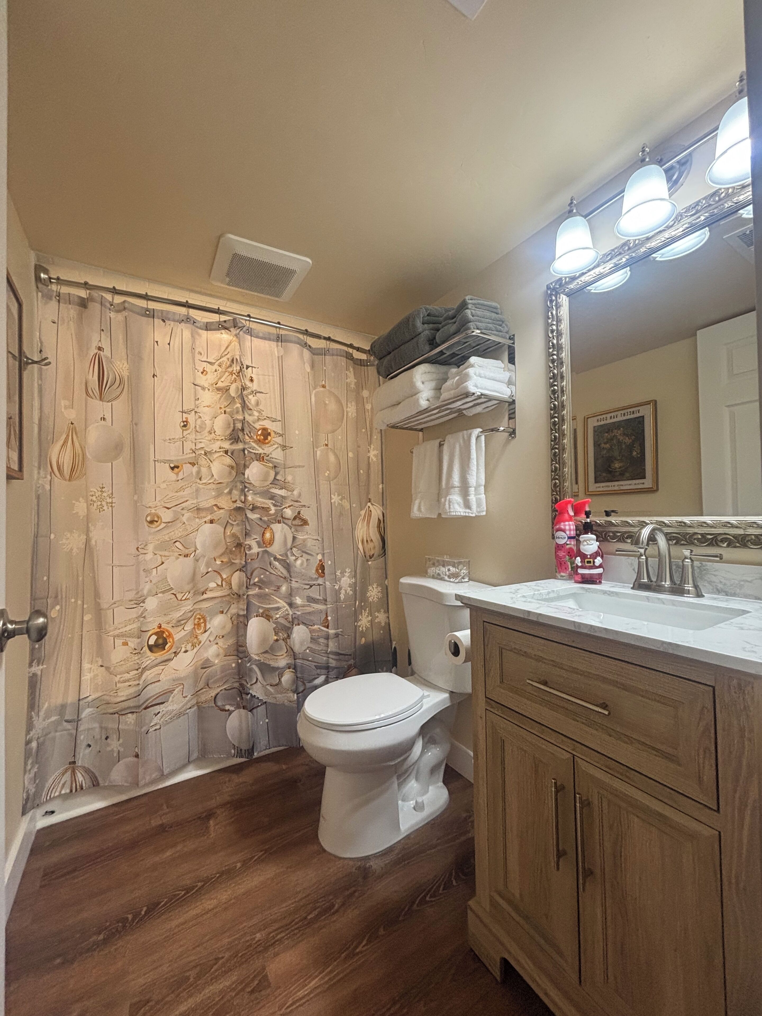 A bathroom with a toilet, a sink, wooden cabinets, a mirror, and a shower curtain with a nautical theme.