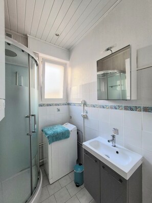 Shower, hair dryer, soap, toilet paper