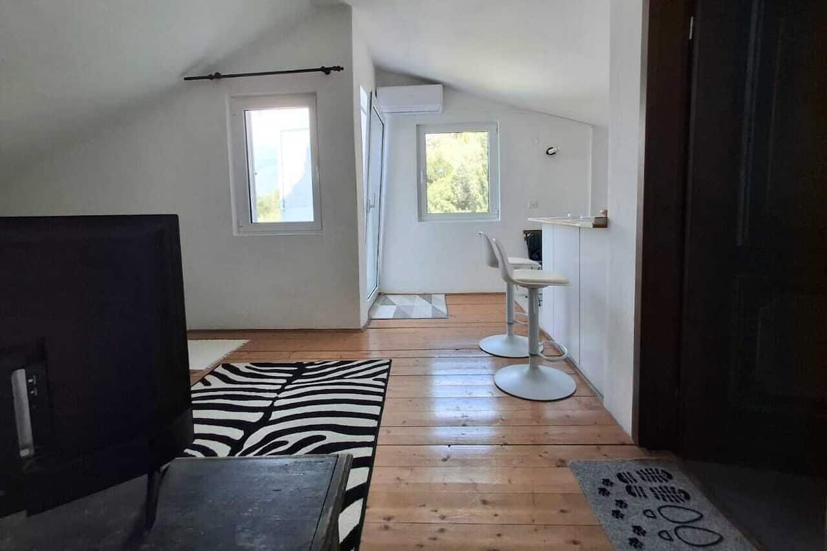 A room with a TV, a zebra-patterned rug, a dining area with a white chair, and a door leading to another room.