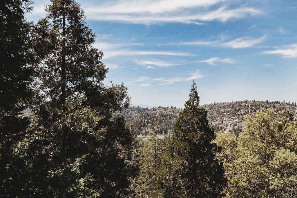 Un paysage montagneux, avec de vastes forêts et une ville située au loin.