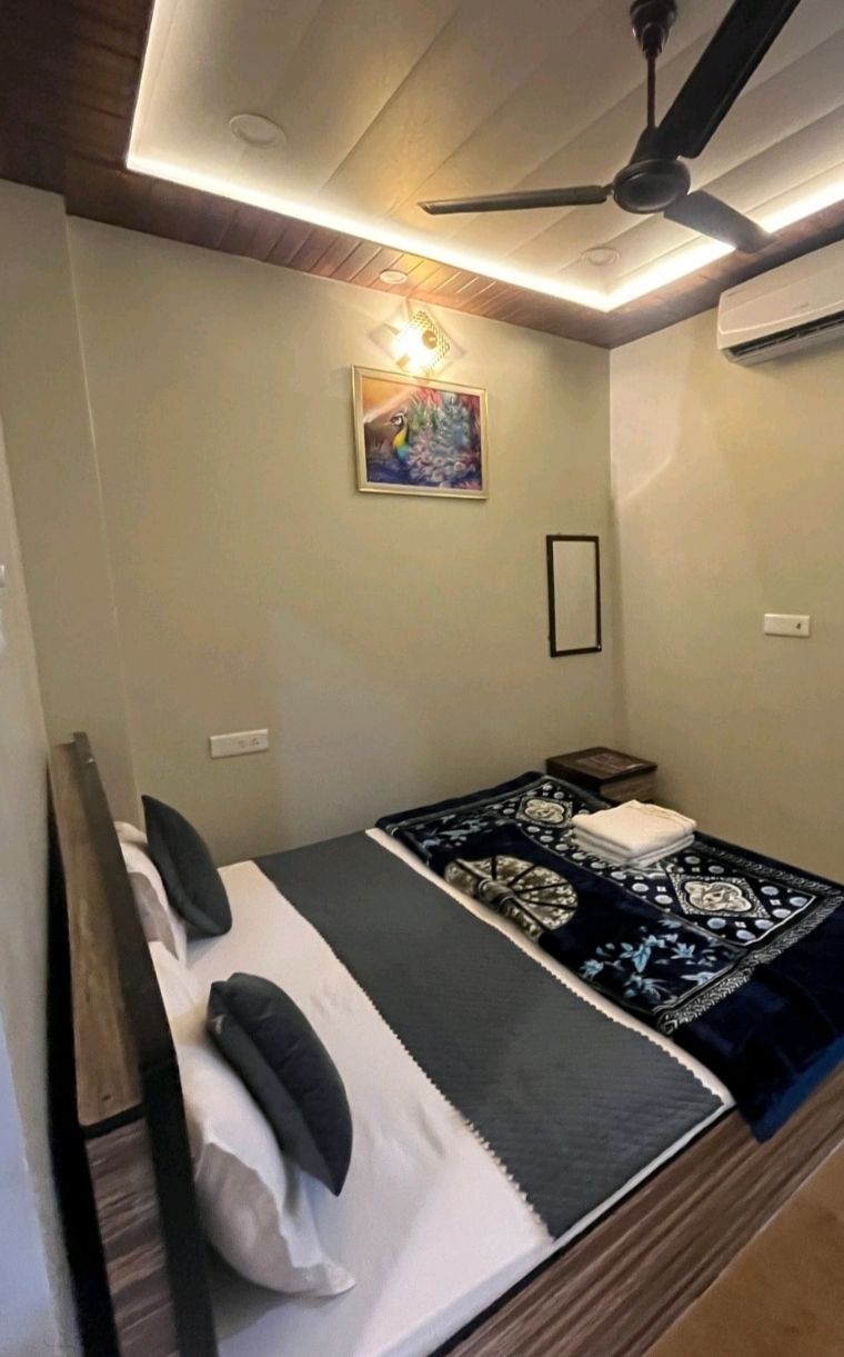 Habitación de hotel con cama, ventilador de techo, equipo de aire acondicionado y una obra de arte en la pared.