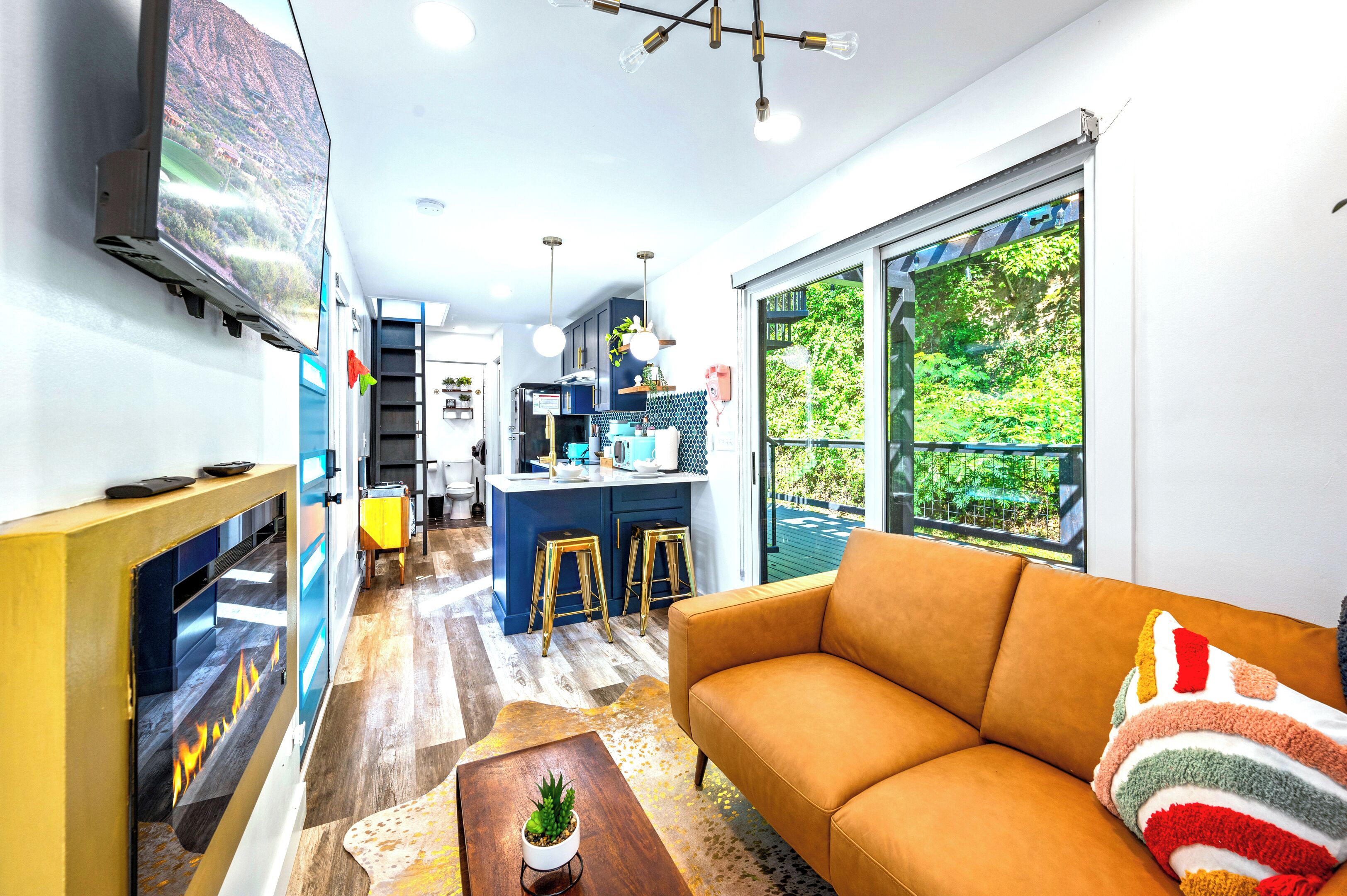 Smart TV, fireplace, books, stereo