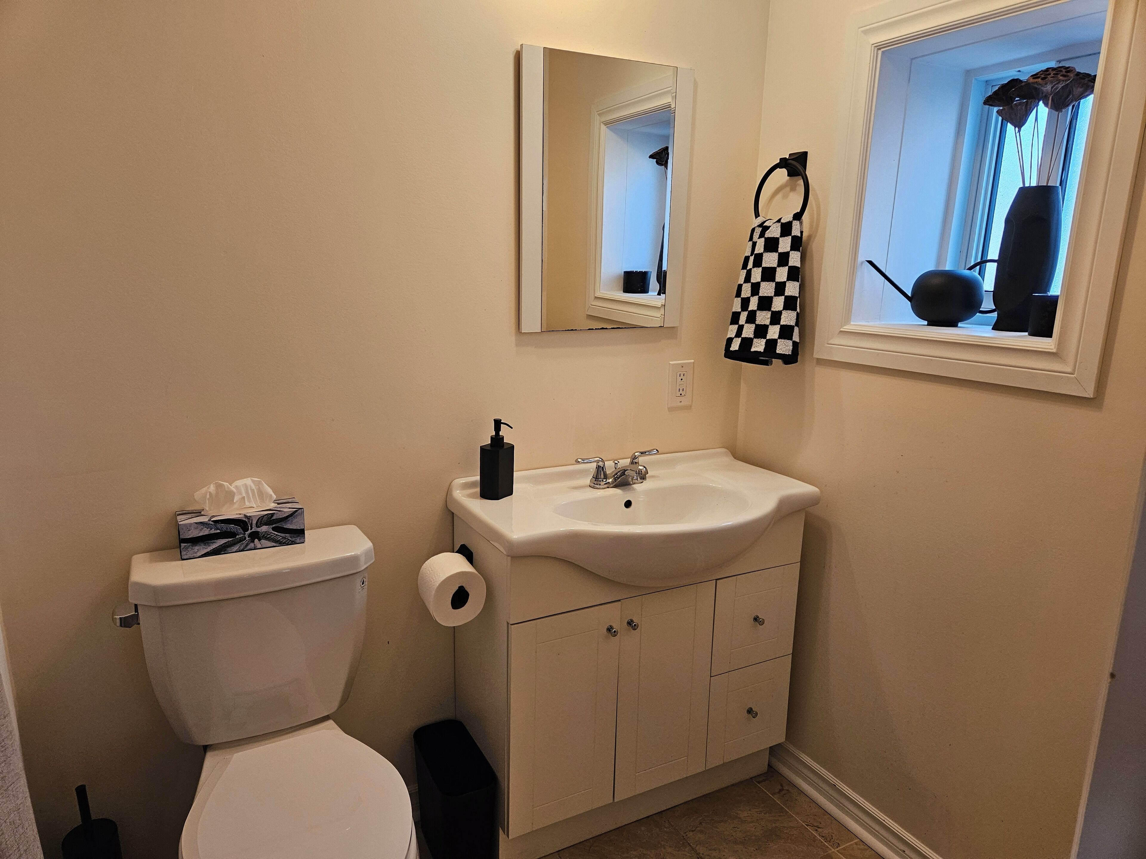 A bathroom with a toilet, sink, and mirror.
