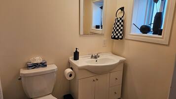 A bathroom with a toilet, sink, and mirror.