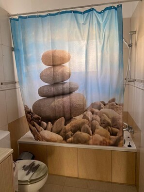 Hair dryer, towels, soap, toilet paper