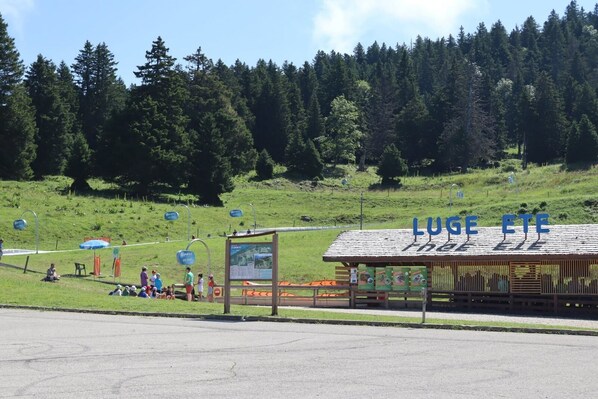 A mountain lodge with a sign reading "LUGE ETE".