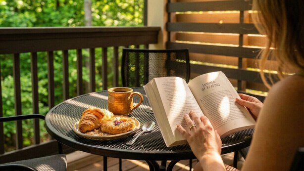 A person reading a book on a patio with a table, a plate of pastries, and a cup. - Cedar Creek Cottage 5 minutes to town! (Cashiers)