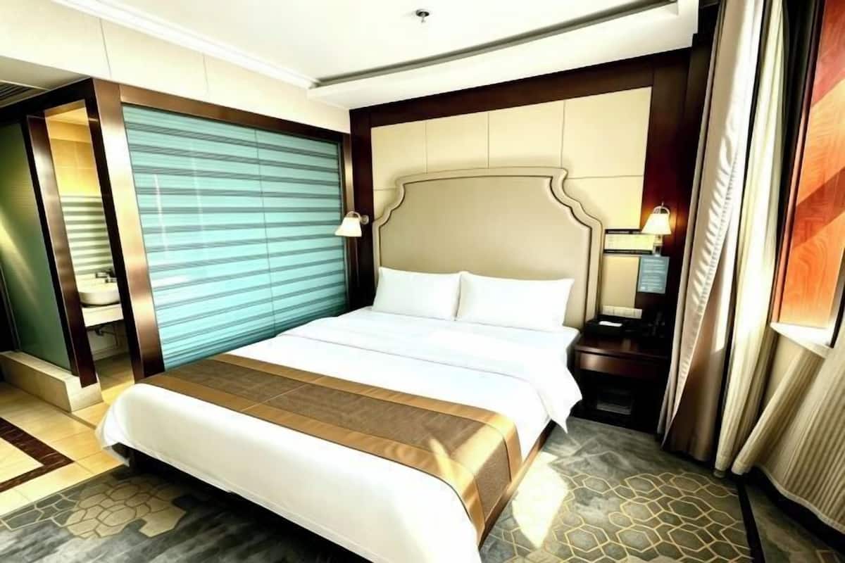 A hotel room with a large bed, a headboard, a bedside table with a lamp, and a view of the outside.