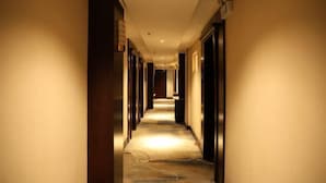 A hotel hallway with a carpeted floor, doors on both sides, and a light source at the end. - Jinrun Holiday Hotel (Korla)