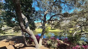 A serene park with a pond, trees, and pink flowers. - Work & Family Travel Friendly-Pool, Marina, Golf with Fee (Niceville)