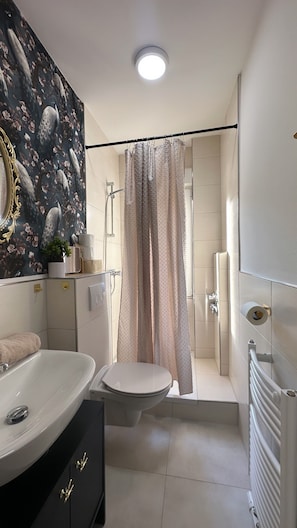 Douche, séchoir à cheveux, serviettes fournies, savon
