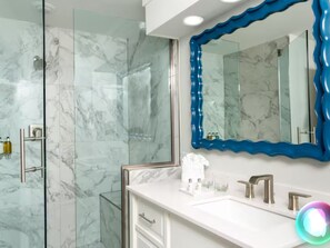 Hair dryer, towels, soap, toilet paper