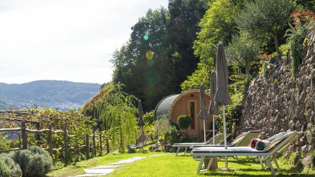 A rustic wooden cabin with a curved roof, surrounded by lush greenery and a stone wall. There are two lounge chairs with cushions and a small table, and a pathway leading to the cabin. - AGRITURISMO VALFRAJA (Cembra)