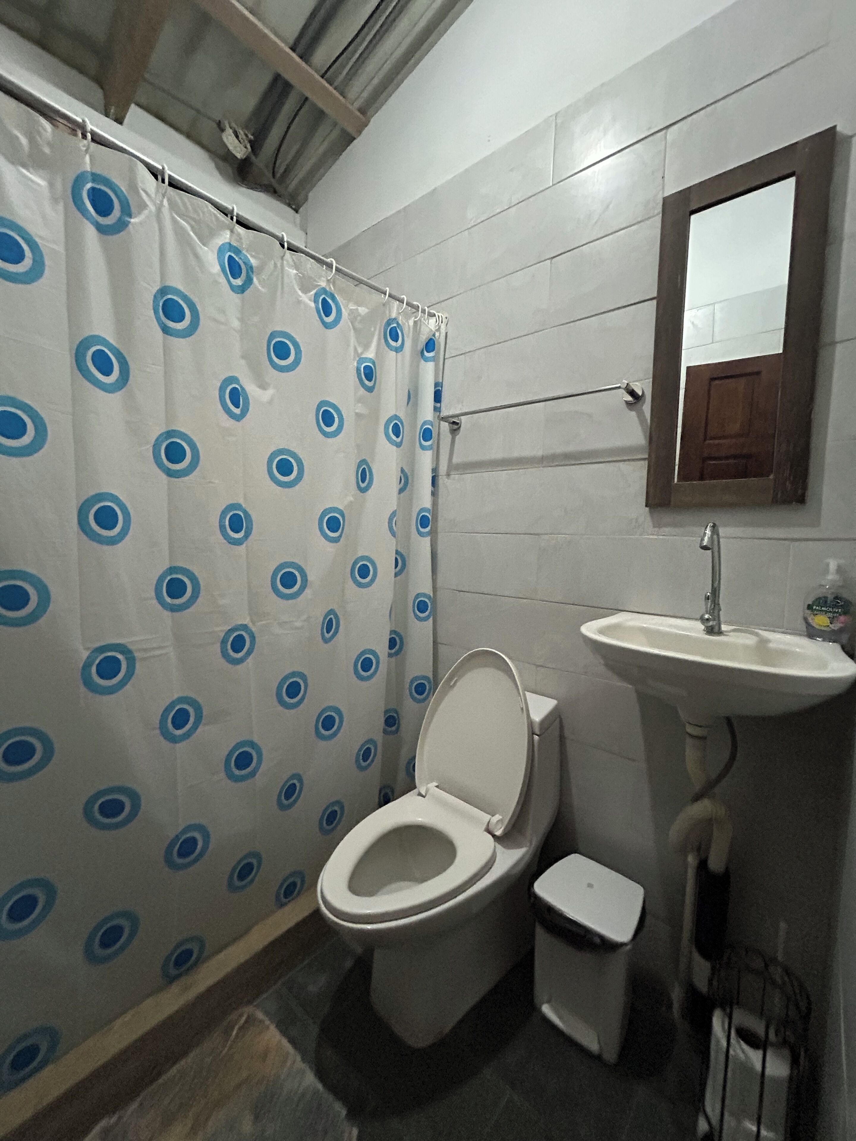 Een badkamer met toilet, wastafel en een douchegordijn met een blauw-wit patroon.