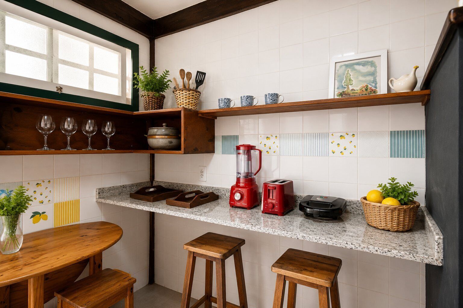 A kitchen with a granite countertop, wooden stools, a red blender, a toaster, and a potted plant.