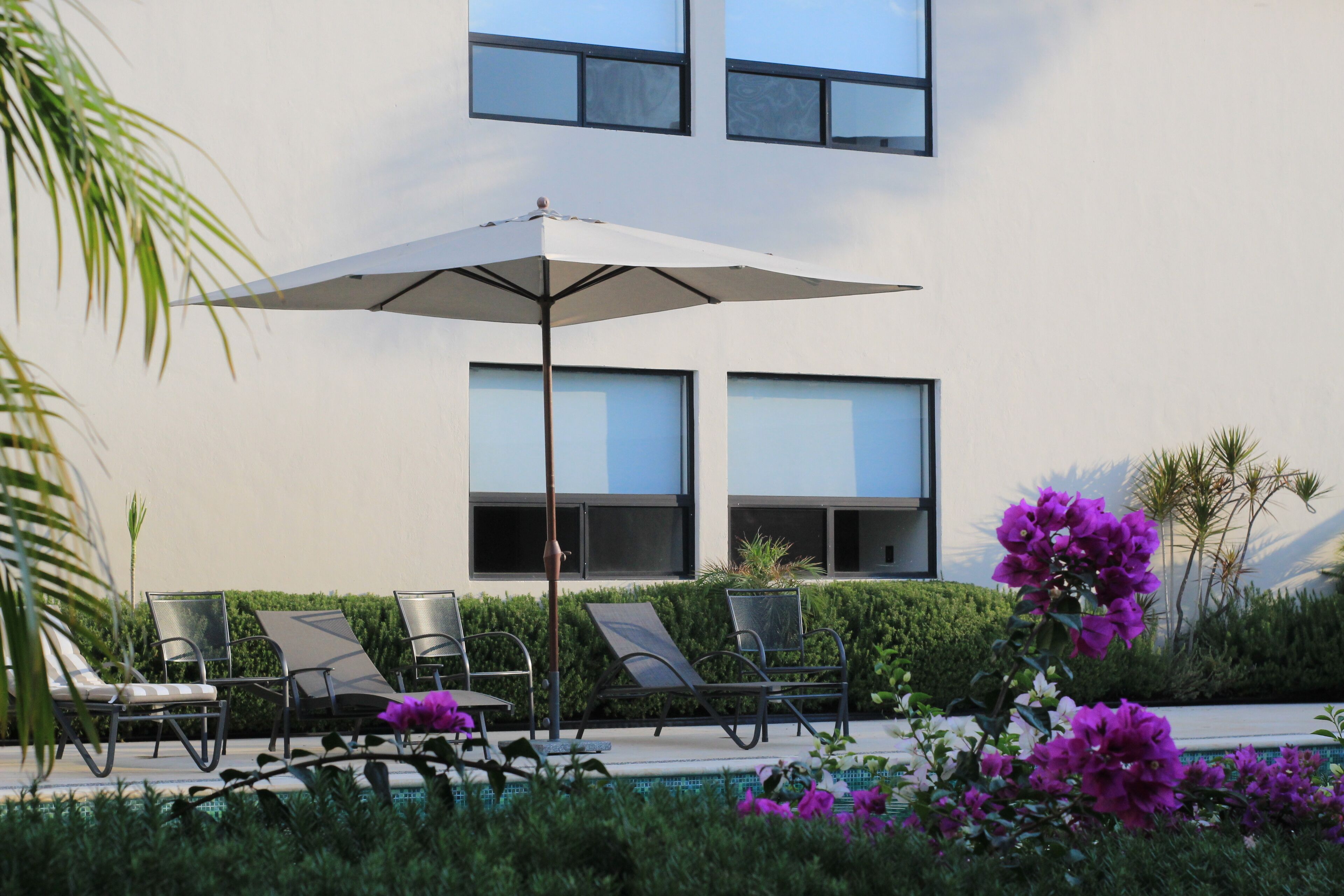 A modern building with a pool area featuring lounge chairs and an umbrella.