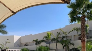 Une piscine dotée d’une terrasse carrelée, entourée de palmiers et bordée d’un bâtiment à toit plat.